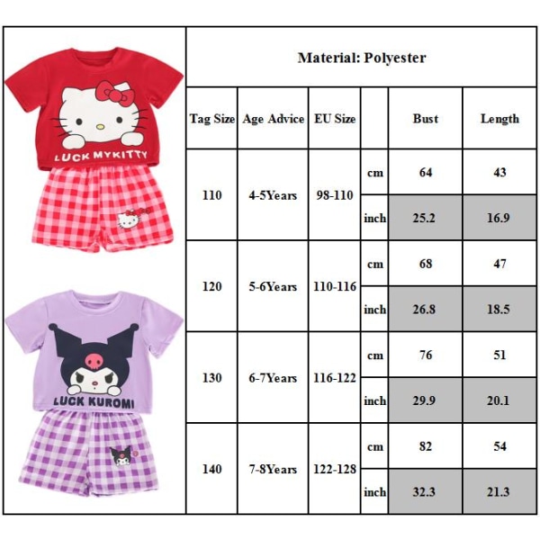 Kuromi Kids Girls Casual träningsoverall Set Kortärmad T-shirt Top Shorts Sommarsportoutfit Purple 140cm