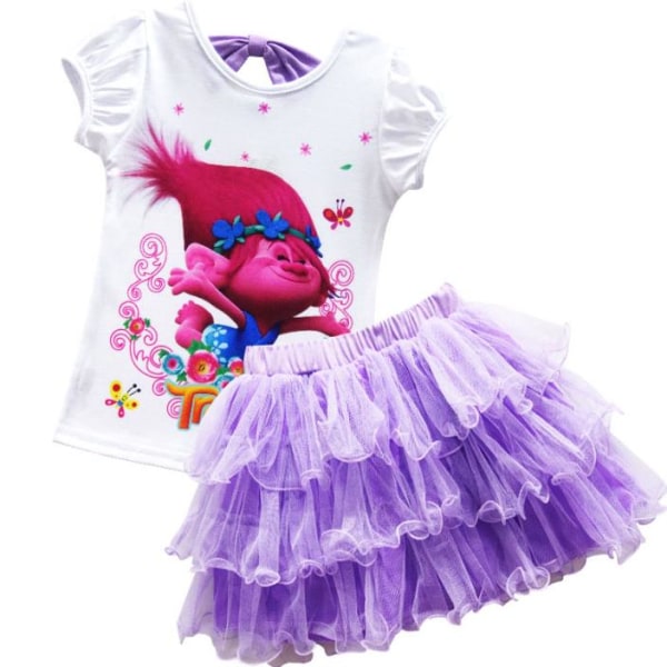 Trolls Poppy Girls' Kortärmad Top Tutu Kjol Sommar T-shirt Kort kjol Set Purple 130cm