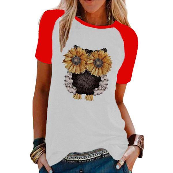 Dame Solsikke Papegøje T-shirt Toppe Kortærmet Afslappet Bluse Red XL