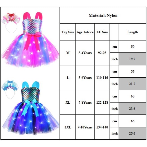Girls Mermaid Tutu Dress for Party LED Light Up med pannband Black 2XL