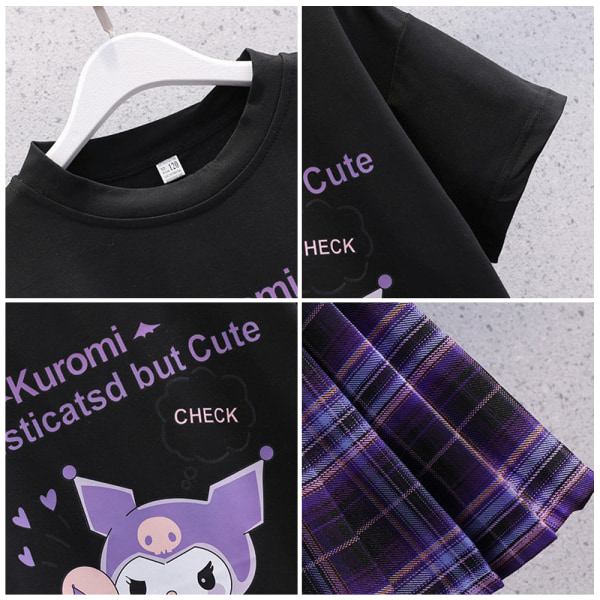 Kuromi Flickor Jk College Stil Kortärmad Topp Plisserad Kjol Sommar T-shirt Kort Kj সেট Black 140cm