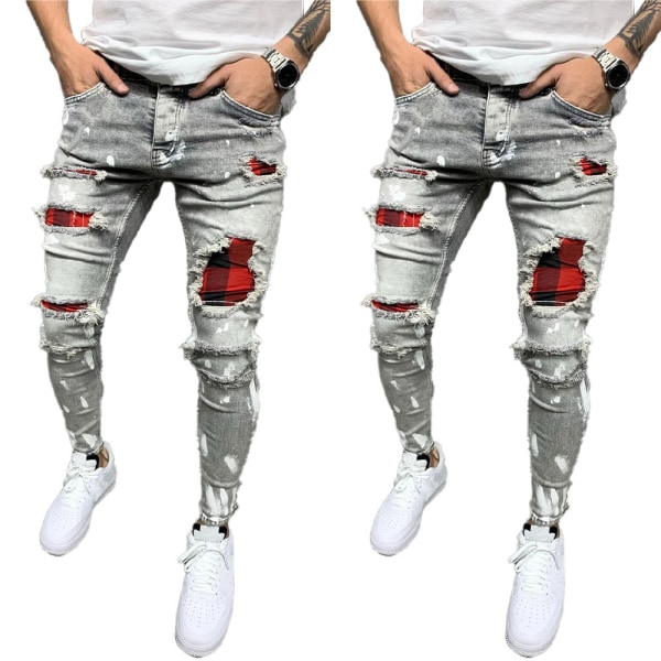 Män Stretch Ripped Printed Jeans Byxor Underdelar Slim Fit Byxa 2XL