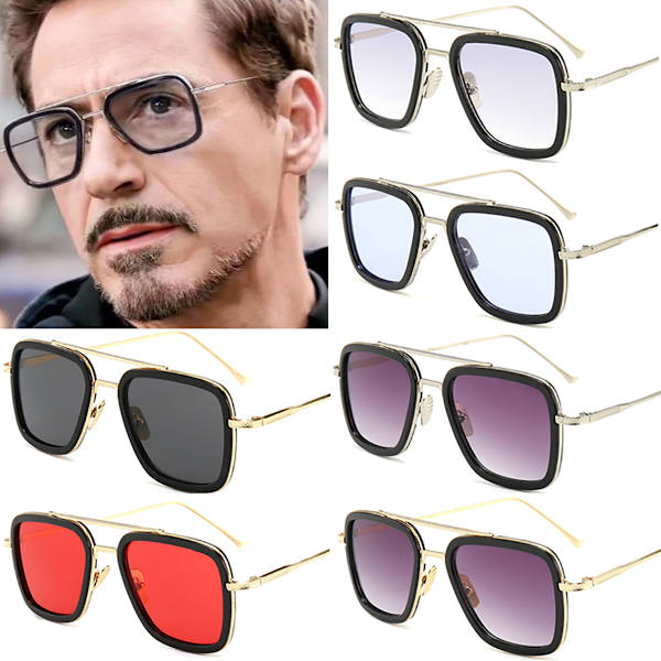 Neliömäiset aurinkolasit Avengers Iron Man klassiset UV-lasit Gold Frame Red Lenses
