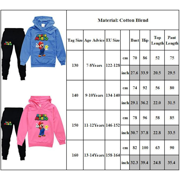 Pojkar Flickor Super Mario Hoodies Träningsdräkter Toppar+Joggingbyxor Set red 160cm