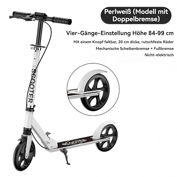 Sammenklappelig løbehjul til voksne, højdejusterbar, med håndbremse PU-hjul børnegaver, hvid