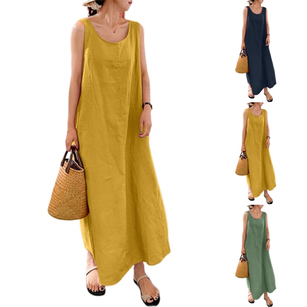 Kvinnor ärmlös sommar strandsolklänning Casual Swing Long Dress yellow M