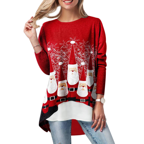 Kvinnors jultomtemönster Långärmad lös höstskjorta 2XL