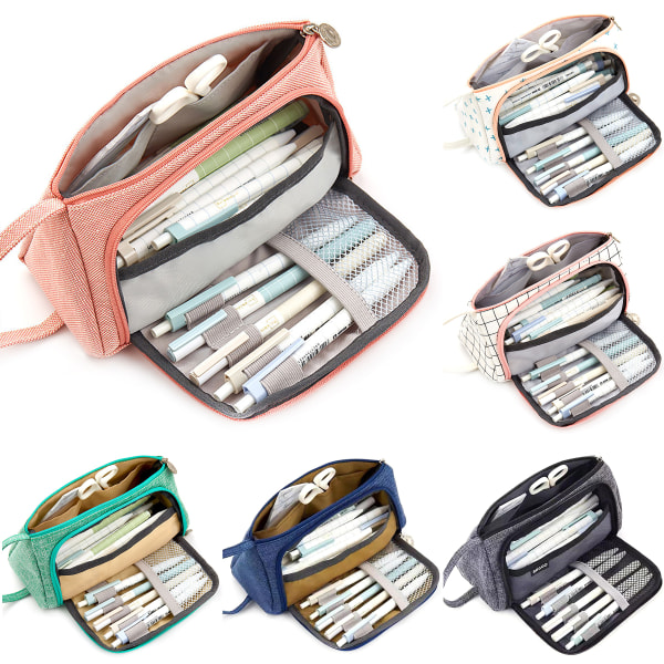 Pennfodral med dubbla blixtlås, skolmaterialväska med stor kapacitet Stripe Blue
