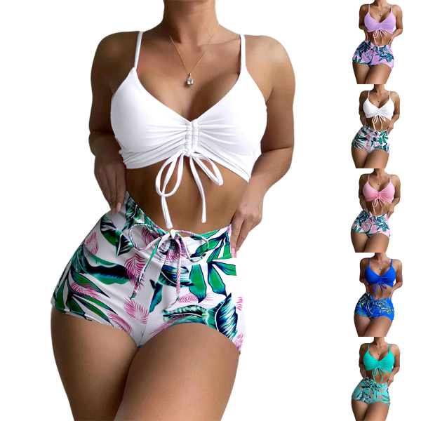 Dam Tryckt Vadderad BH Bikini Set Baddräkt Sommarkläder Strandkläder Green S