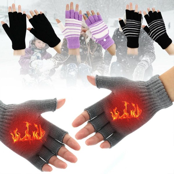 Winter Electric USB Thermal Uppvärmda Handskar Half Finger Warmer Purple