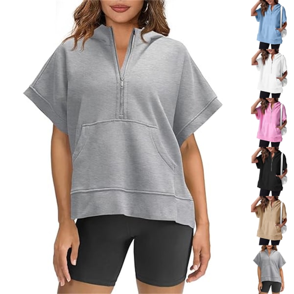 Kvinnors halv dragkedja huvtröja kortärmad pullover topp sommar oversized sporttröja med fickor 2024 Black S