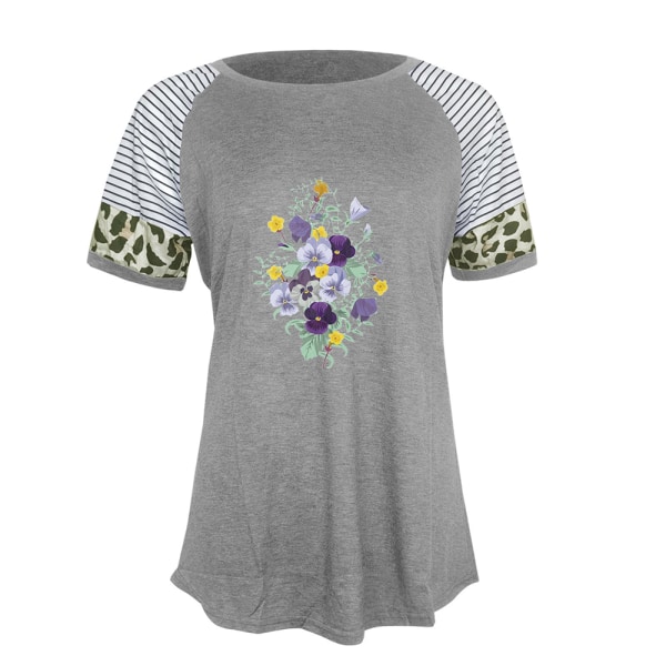 Dam Sommar Blommig T-shirt Toppar Leopard Casual Blus Tee Light Grey S
