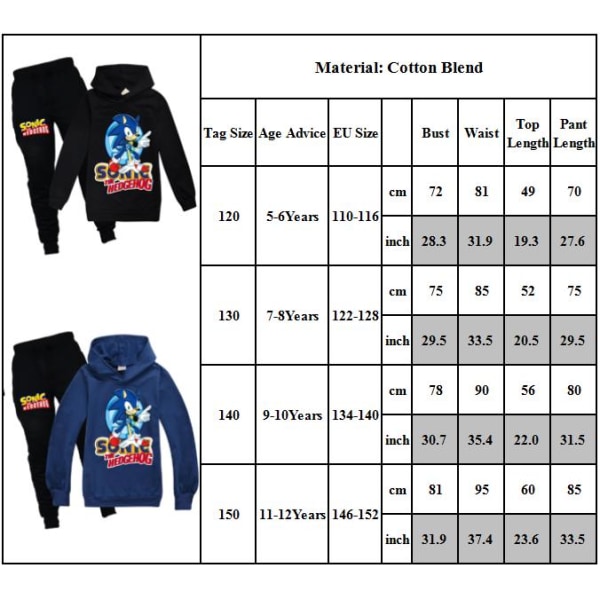 Sonic Kids Långärmade Hoodie Byxor Kostym Träningsoverall Sportkläder black 130cm