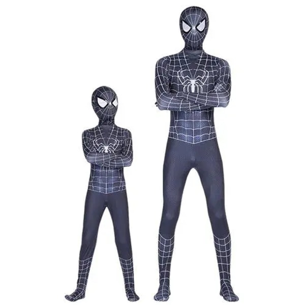 Barn svart Spiderman kostym Halloween Jumpsuit Cosplay Mask Set 150cm