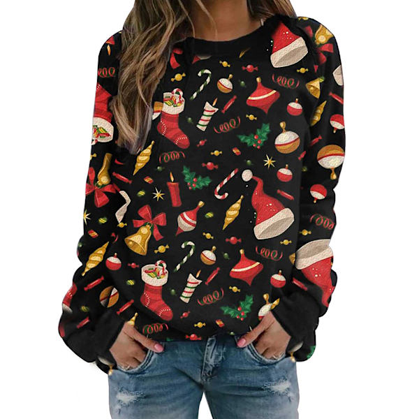 Jul Kvinder Printet Langærmet Pullover Frakke Jakke Vinter Black christmas hat