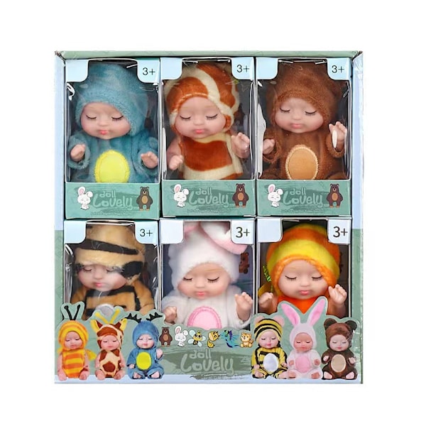 6 st Mini Babydockor, 10 cm Nyfödda Dockor Presentförpackning, Söta Återfödda Babydockor Leksaker för Barn 3+, med Djurkläder 6PCS