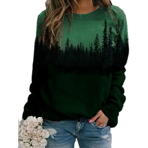 Plus Size Dame Trykt Løs Hættetrøje Sweatshirt Langærmet Green M