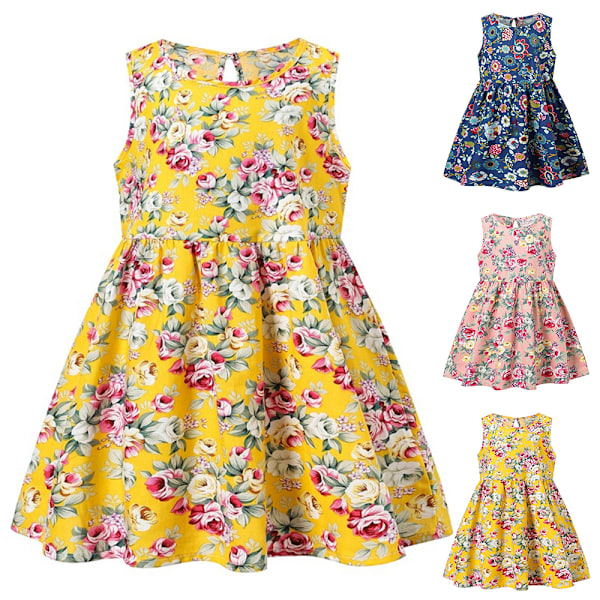 Bekväm klänning för barn småbarn Flickor Sommar Prinsessklänning Barn Baby Fest Bröllop Ärmlös Blommig Klänning Söta Flickor Trendiga Festklänningar Navy 90cm