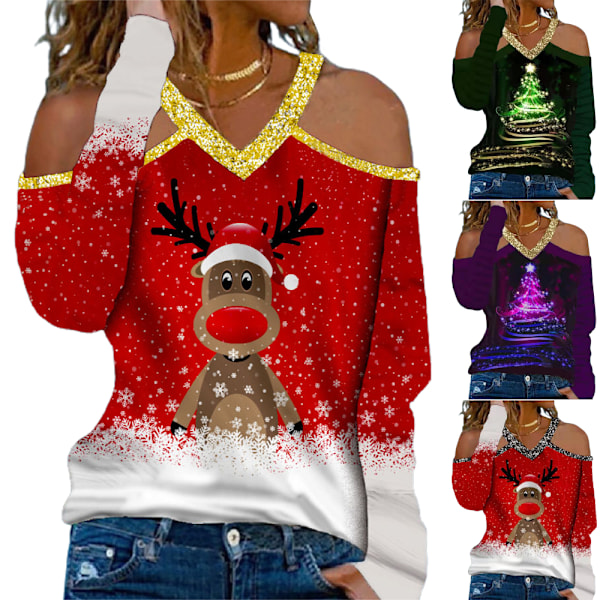 Juletoppe til Kvinder Jul Langærmet Kold Skulder Trøjer Dame Juletræs Print Ferie Bluser Purple 4XL