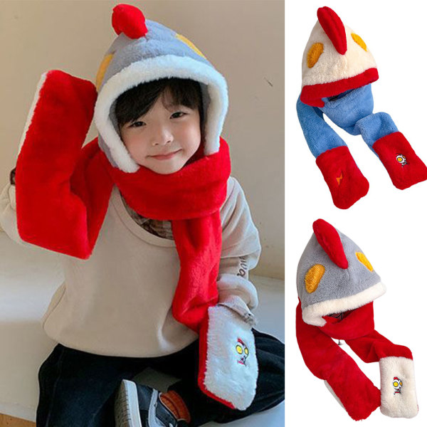 3-i-1 Ultraman Kid Vinter Varm Plysch Huva Hatt Scarf Handskar Present red