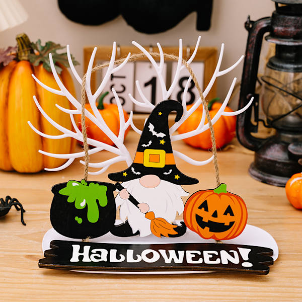 Puinen kyltti, tonttu, noita, Halloween, kurpitsa, juhlat, riippuva koriste, rekvisiitta A