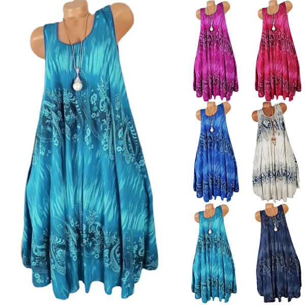 Damtryckt ärmlös klänning Sommarklänning Strand Lång Semesterklänning Light Blue 4XL