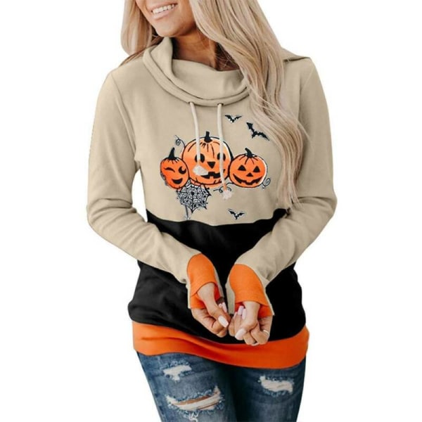 Dam Långärmad Halloween Pumpa Tröja med Huvtröja Black + Orange XL
