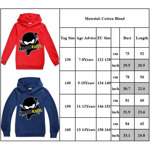 NUINJA KIDZ Pojke Flicka Hooded Sweatshirt Tröja Pullover Julklapp red 150cm