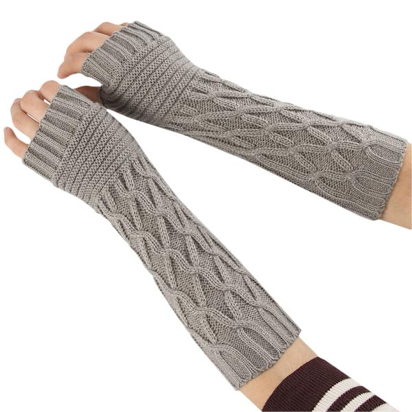 Vinter Lange strikkede handsker Tykke varme fingerløse vanter Arm Light grey