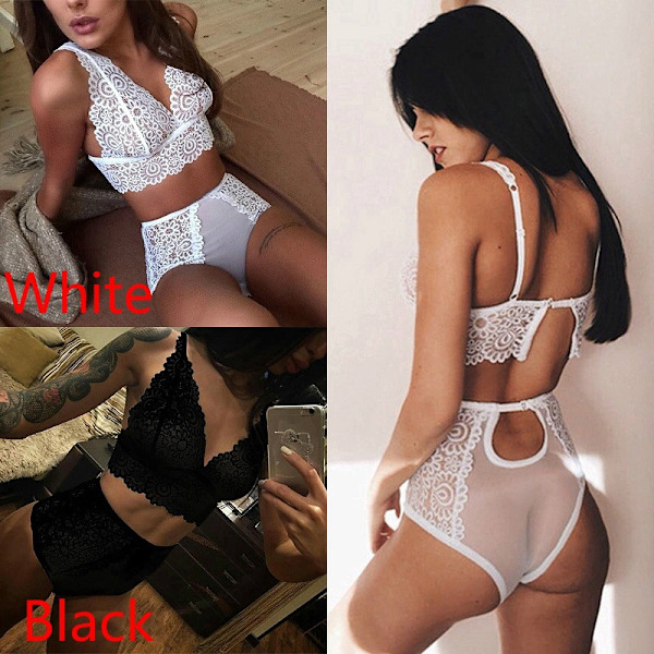 Sexiga halterneck underkläder i spets för kvinnor, stringtrosa Black M