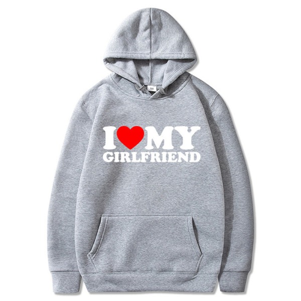 I Love My Girlfriend Print Luvtröja för män Casual Pullover Sweatshirt med ficka Streetwear för vintern Grey S