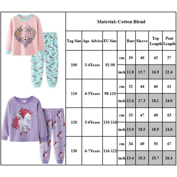 2-pack Barnflickor Pyjamas Enhörning Långärmad Tröja Nattkläder A 120cm