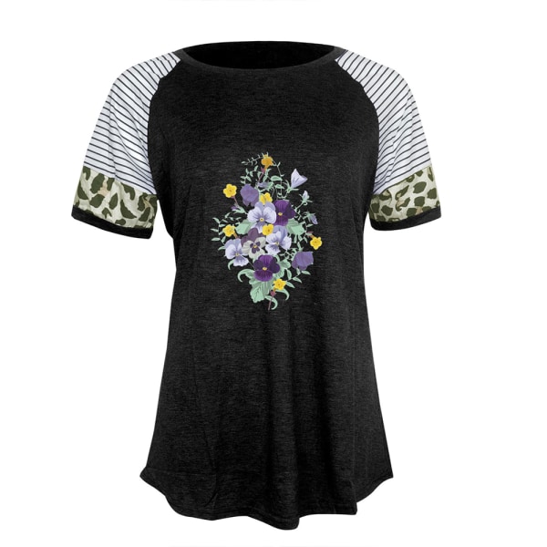 Dam Sommar Blommig T-shirt Toppar Leopard Casual Blus Tee Light Grey S