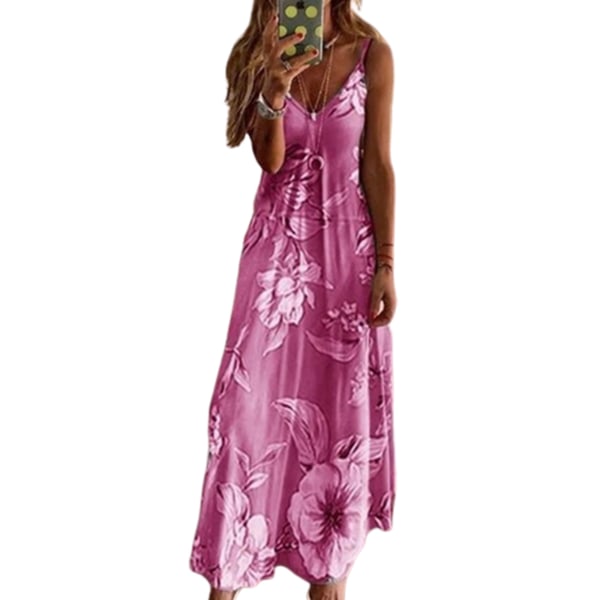 Dam V-ringad Ärmlös Sommarklänning Lång Klänning Rose red XL