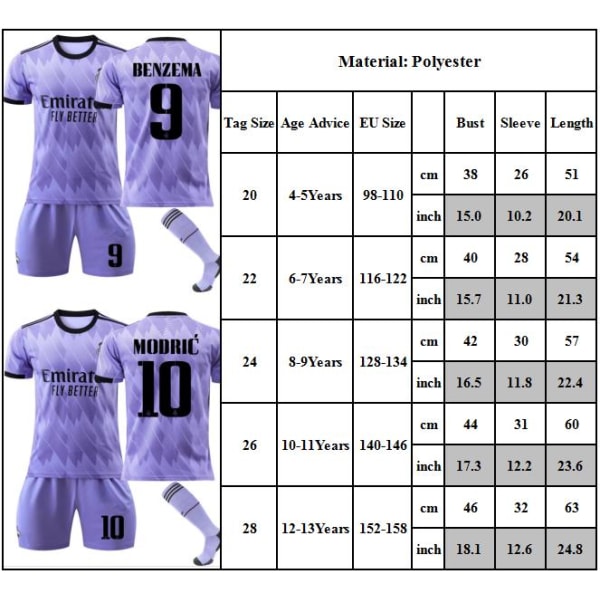 Real Madrid borta Lila nr 9 Benzema nr 20 Vinicius Fotbollsdräkt Sportkläder Skjorta Shorts Strumpor Outfits #9 20