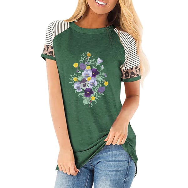 Dam Sommar Blommig T-shirt Toppar Leopard Casual Blus Tee Dark Green XL