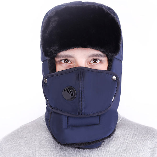 Herr Trapper Aviatorhatt Vinter Varm med Mask Öronlapp Mössa Blue