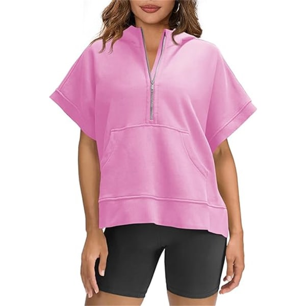 Kvinnors halv dragkedja huvtröja kortärmad pullover topp sommar oversized sporttröja med fickor 2024 Pink 2XL
