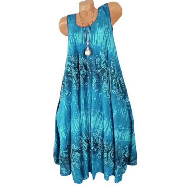 Damtryckt ärmlös klänning Sommarklänning Strand Lång Semesterklänning Light Blue 4XL