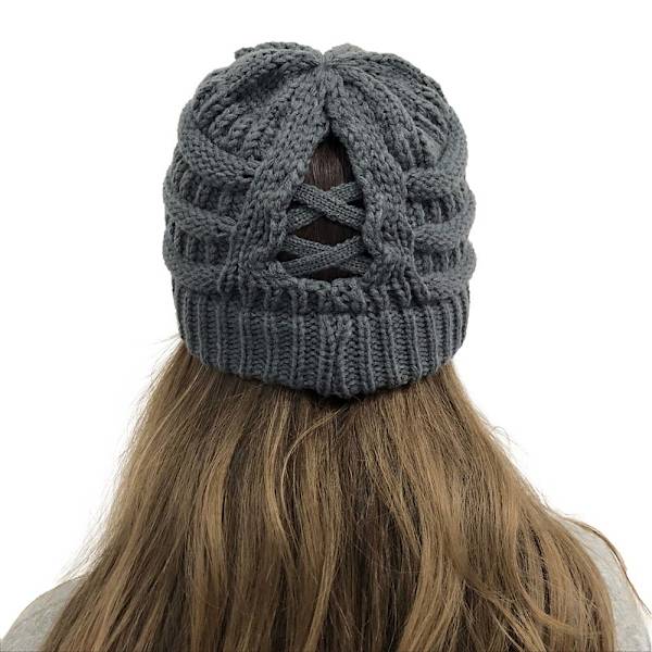 Vintervarm mössa med hästsvans för kvinnor - Stickad, slarvig skalle Dark gray