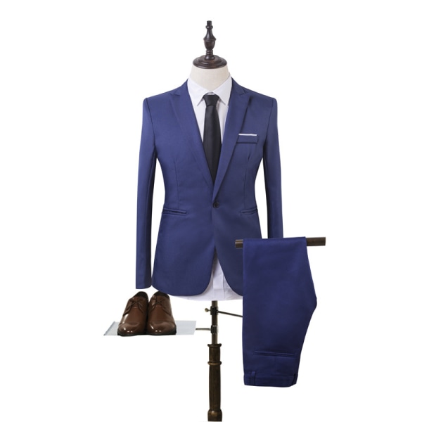 Man Business Slim Blazer Kostym Smoking Coat Långbyxor Formell Royal Blue M