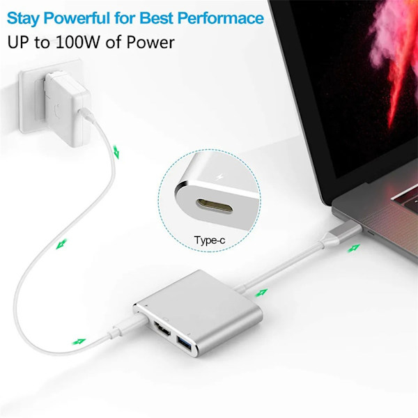 Type-C USB till USB-C HDMI 4K USB3.0 HUB-kabel Digital AV-adapter Silver