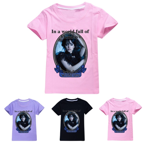 Addams Family Wednesday Kid Print Crew Neck kortärmad T-shirt pink 130cm