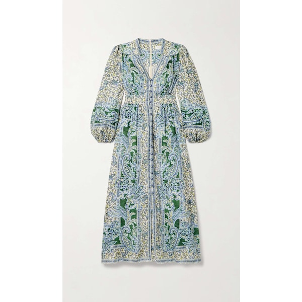 Ottie samlet trykt linskjole i midi-lengde Green 2XL