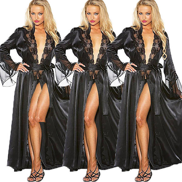 Siden Satin Morgonrock Bröllop Brudtärna Sovkläder Badrock Pyjamas black XL