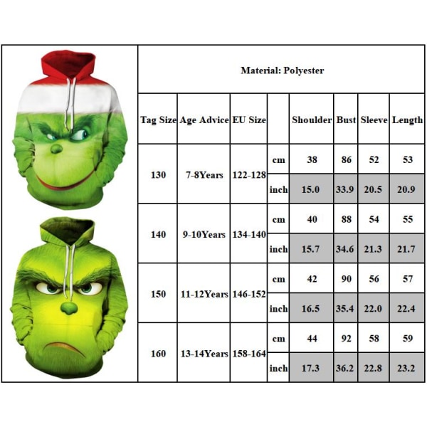 Grinchen 3D Tecknad Jul Tröjor Hoodie Jacka Julklapp Barn C 160cm