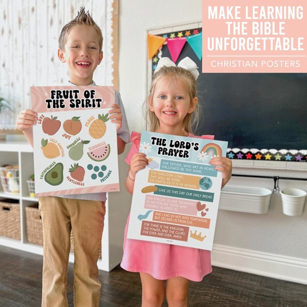 Skoledekorasjoner for klasserom – 9 bibelplakater for barn, 28x35 cm plakater med bibelens bøker, 10 bud, Åndens frukter og mer C