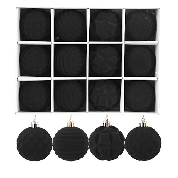 12 st Sammetsjulgranskulor Dekorationer Flockade Plastklot Julgranprydnader Black