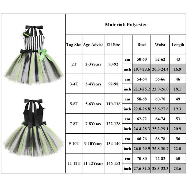 Barnflickor Halloween-kostymer Svart och Vit Vertikal Randig Tulle Tutu Klänning Läskig Klä upp sig Karneval Outfit 3-4T