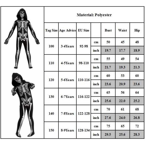 Skelett Jumpsuit Kostym Barn Halloween Cosplay 100cm
